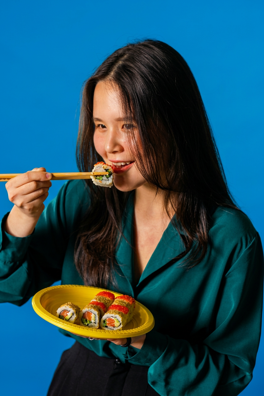 Woman eating sushi